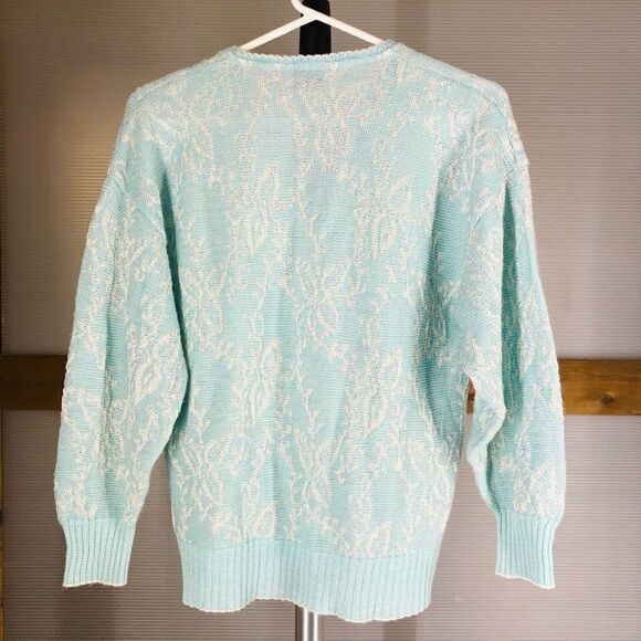 Holiday KNITWEAR Vintage Blue White Floral Knit Vneck Sweater‎ Sz S/M - Picture 2 of 9